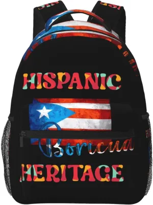 Puerto Rico Boricua Hispanic Heritage Month Backpack Casual Pack Bag Laptop Backpack With Side Pocket Front Zipper Pocket Bookpack Travel Daypack Picnic Rucksack