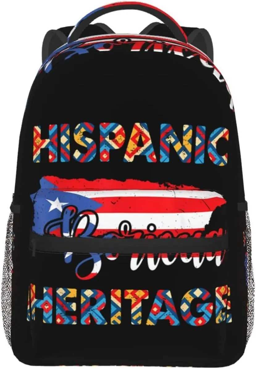 Puerto Rico Flag Hispanic Heritage Month Boricua Rican Backpack Casual Pack Bag Laptop Backpack With Side Pocket Front Zipper Pocket Bookpack Travel Daypack Picnic Rucksack