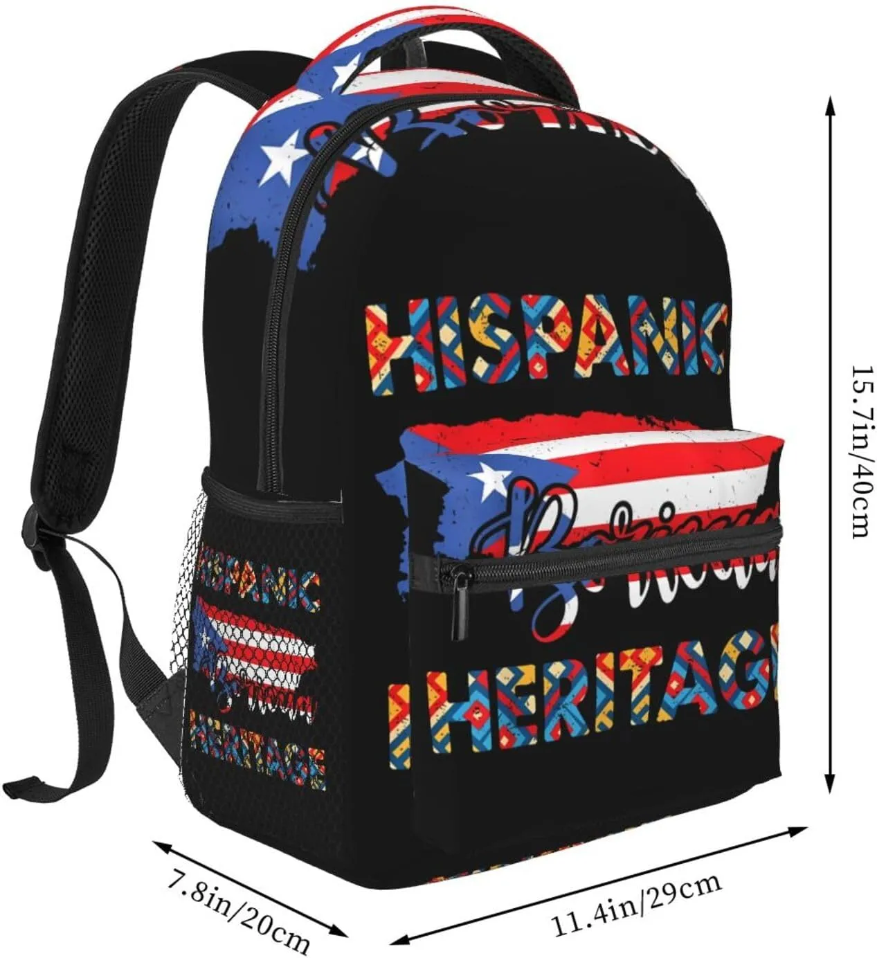 Puerto Rico Flag Hispanic Heritage Month Boricua Rican Backpack Casual Pack Bag Laptop Backpack With Side Pocket Front Zipper Pocket Bookpack Travel Daypack Picnic Rucksack