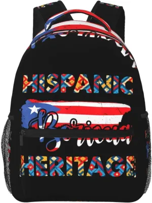 Puerto Rico Flag Hispanic Heritage Month Boricua Rican Backpack Casual Pack Bag Laptop Backpack With Side Pocket Front Zipper Pocket Bookpack Travel Daypack Picnic Rucksack