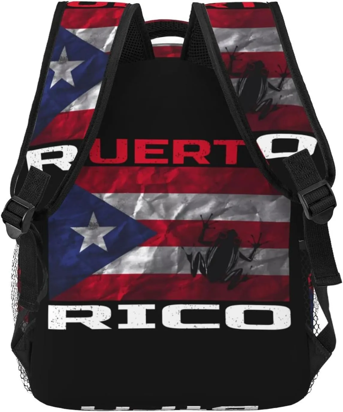 Puerto Rico Flag Love Boricuas And Frogs Backpack Casual Pack Bag Laptop Backpack With Side Pocket Front Zipper Pocket Bookpack Travel Daypack Picnic Rucksack