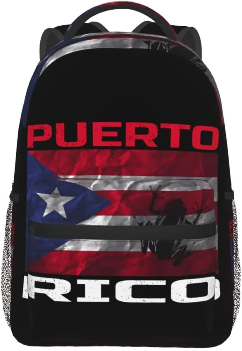 Puerto Rico Flag Love Boricuas And Frogs Backpack Casual Pack Bag Laptop Backpack With Side Pocket Front Zipper Pocket Bookpack Travel Daypack Picnic Rucksack