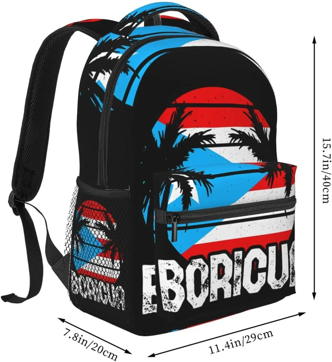 Puerto Rico Flag Proud Boricua Backpack Casual Pack Bag Laptop Backpack With Side Pocket Front Zipper Pocket Bookpack Travel Daypack Picnic Rucksack