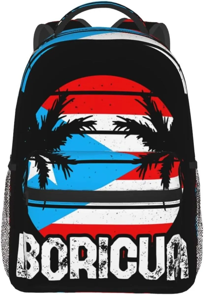 Puerto Rico Flag Proud Boricua Backpack Casual Pack Bag Laptop Backpack With Side Pocket Front Zipper Pocket Bookpack Travel Daypack Picnic Rucksack