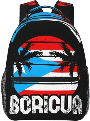 Puerto Rico Flag Proud Boricua Backpack Casual Pack Bag Laptop Backpack With Side Pocket Front Zipper Pocket Bookpack Travel Daypack Picnic Rucksack