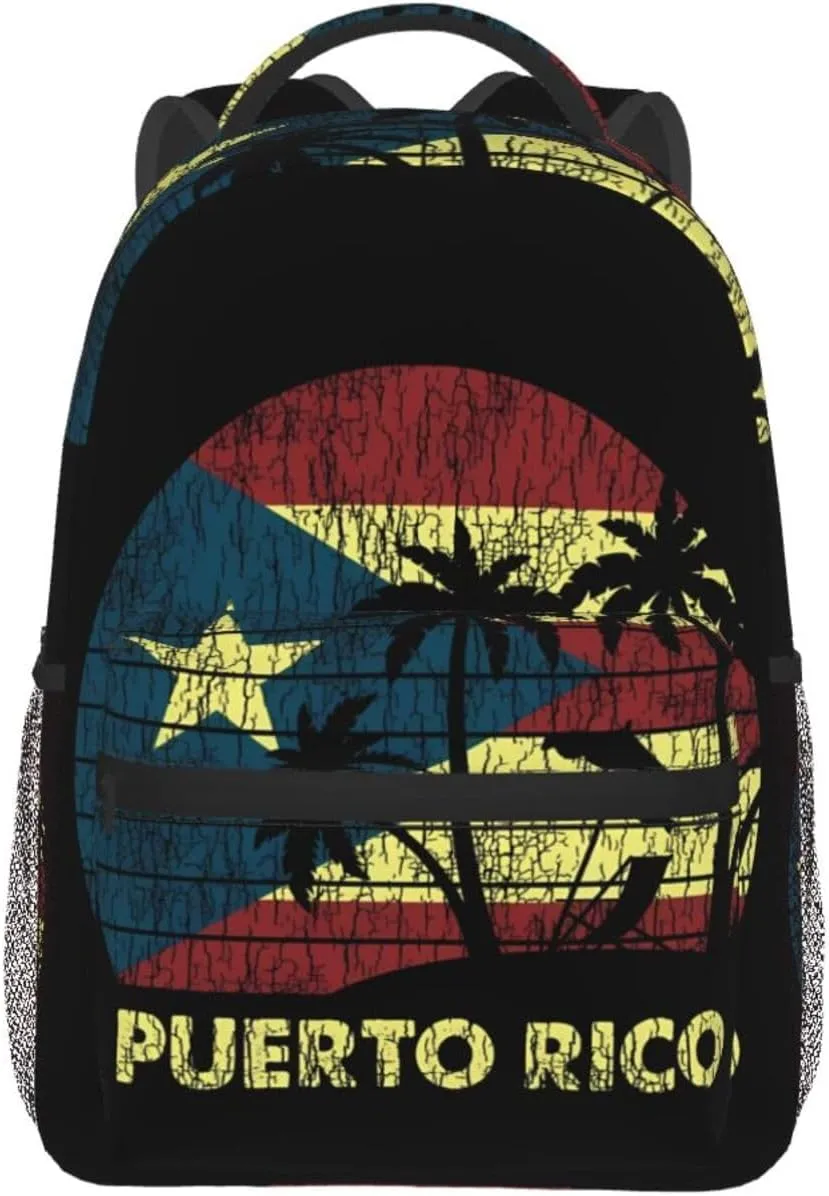 Puerto Rico Palm Trees Boricua Pride Backpack Casual Pack Bag Laptop Backpack With Side Pocket Front Zipper Pocket Bookpack Travel Daypack Picnic Rucksack
