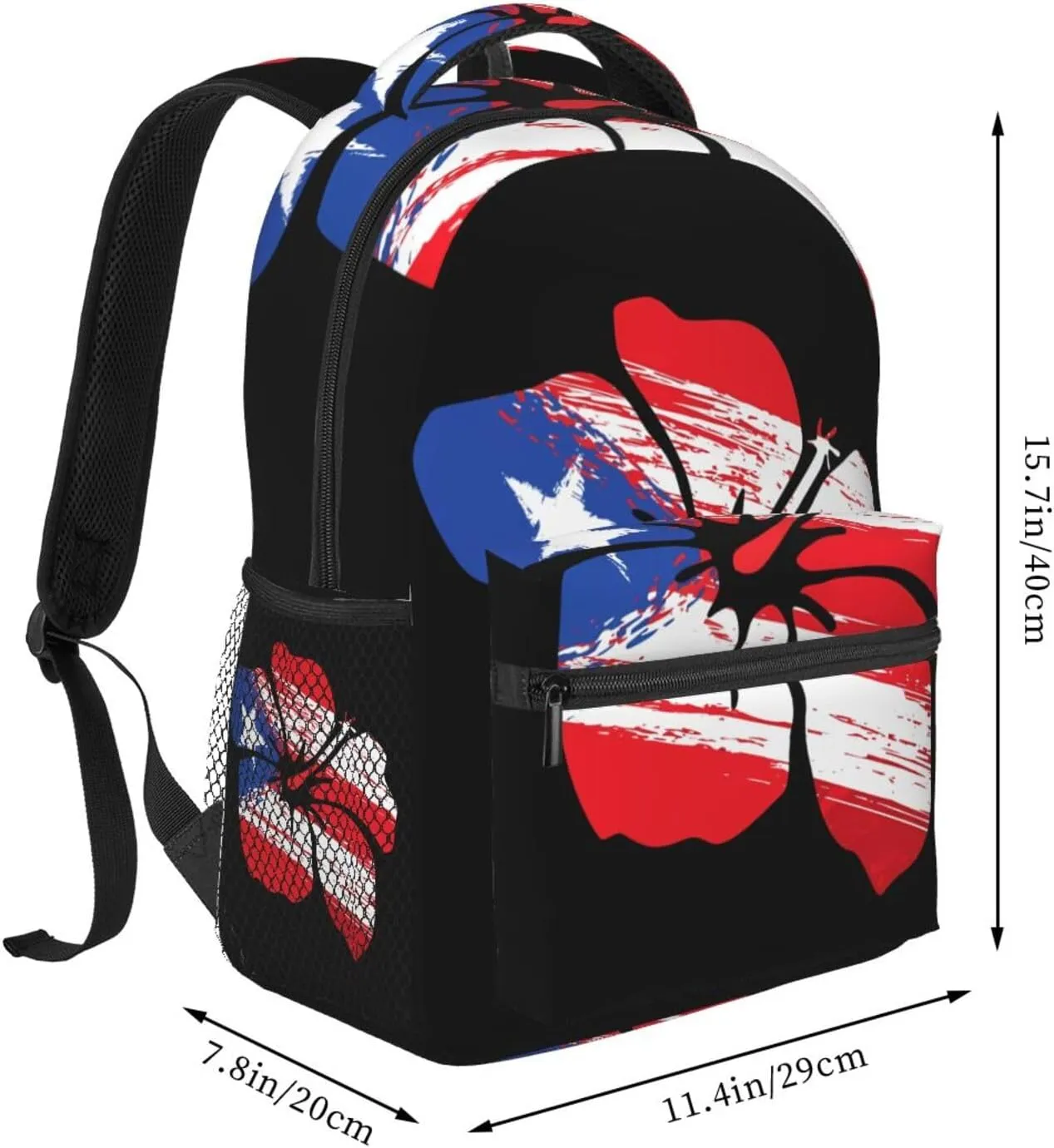 Puerto Rico Pride Flag Hibiscus Flower Boricua Backpack Casual Pack Bag Laptop Backpack With Side Pocket Front Zipper Pocket Bookpack Travel Daypack Picnic Rucksack