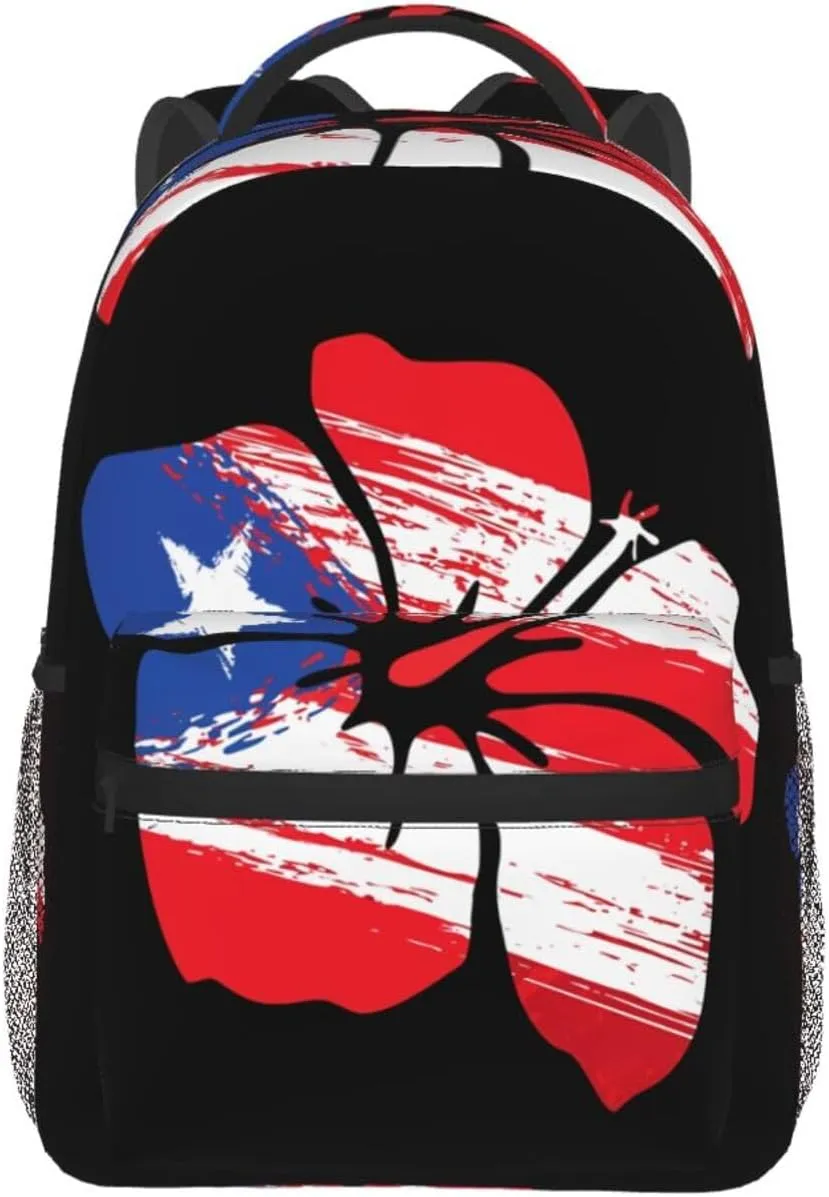 Puerto Rico Pride Flag Hibiscus Flower Boricua Backpack Casual Pack Bag Laptop Backpack With Side Pocket Front Zipper Pocket Bookpack Travel Daypack Picnic Rucksack