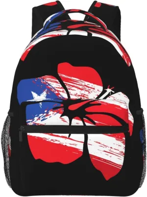 Puerto Rico Pride Flag Hibiscus Flower Boricua Backpack Casual Pack Bag Laptop Backpack With Side Pocket Front Zipper Pocket Bookpack Travel Daypack Picnic Rucksack