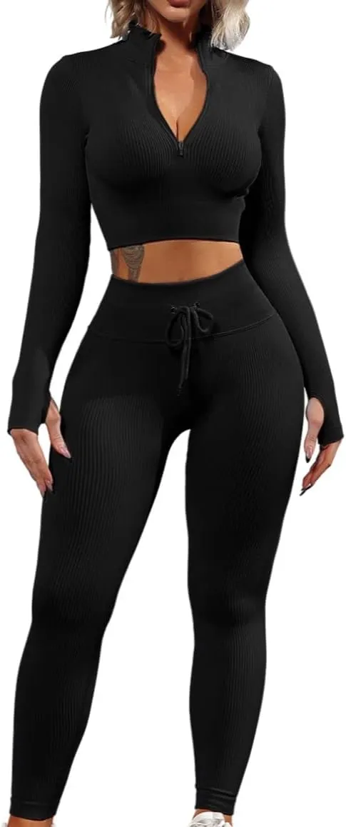 QINSEN Long Sleeve Workout Shirt for Women High Funnel Neck Crop Tops Tummy Control Leggings Fitted 2 Pieces Sets
