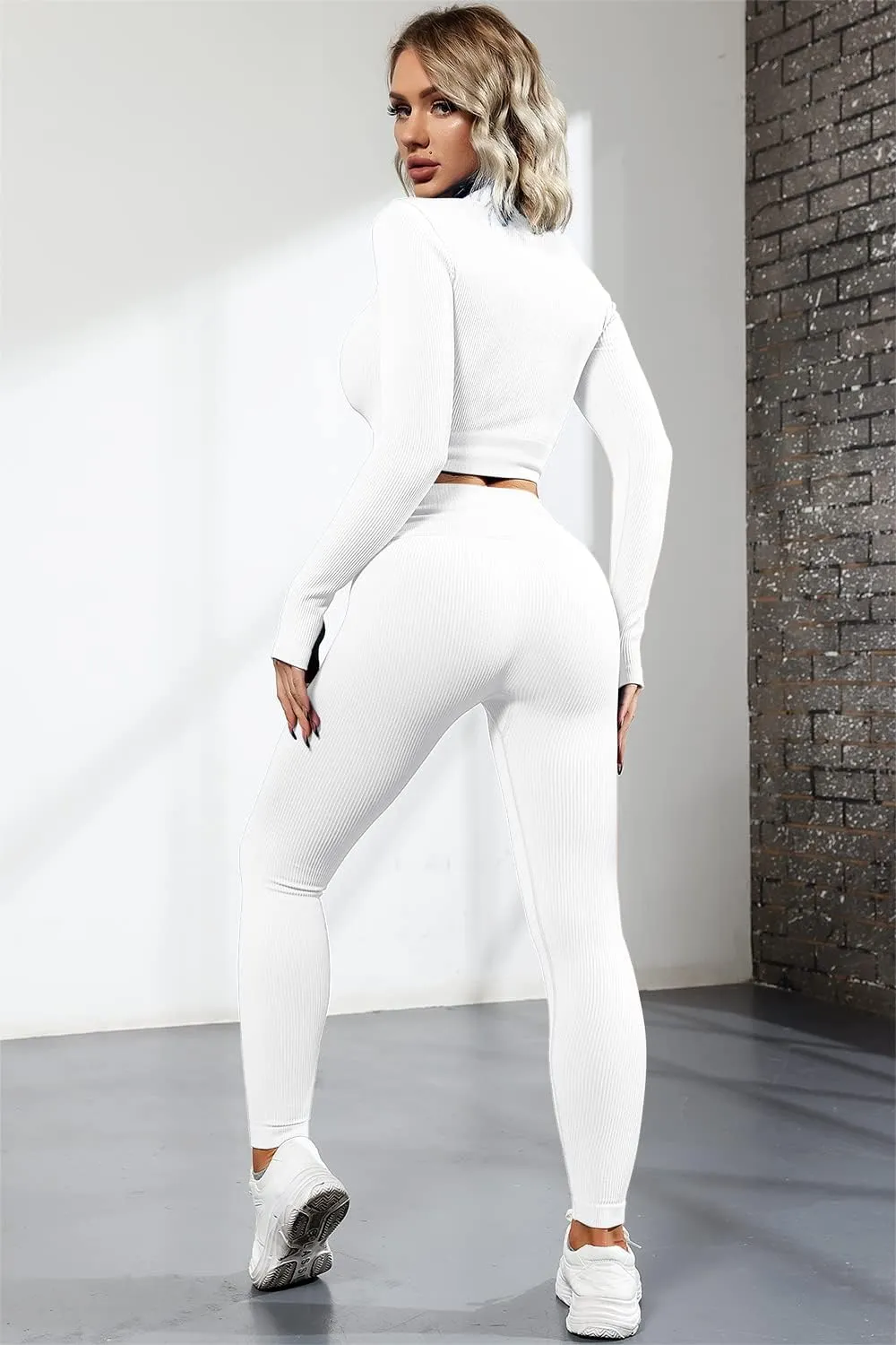 QINSEN Long Sleeve Workout Shirt for Women High Funnel Neck Crop Tops Tummy Control Leggings Fitted 2 Pieces Sets