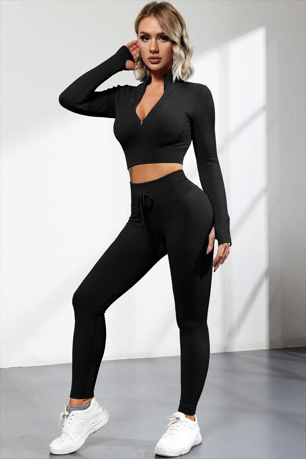 QINSEN Long Sleeve Workout Shirt for Women High Funnel Neck Crop Tops Tummy Control Leggings Fitted 2 Pieces Sets