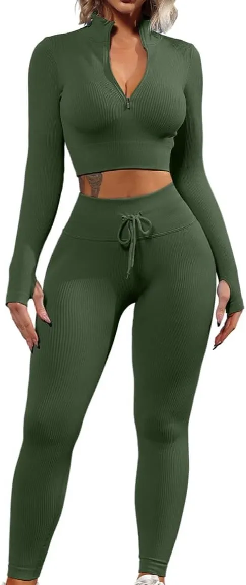 QINSEN Long Sleeve Workout Shirt for Women High Funnel Neck Crop Tops Tummy Control Leggings Fitted 2 Pieces Sets