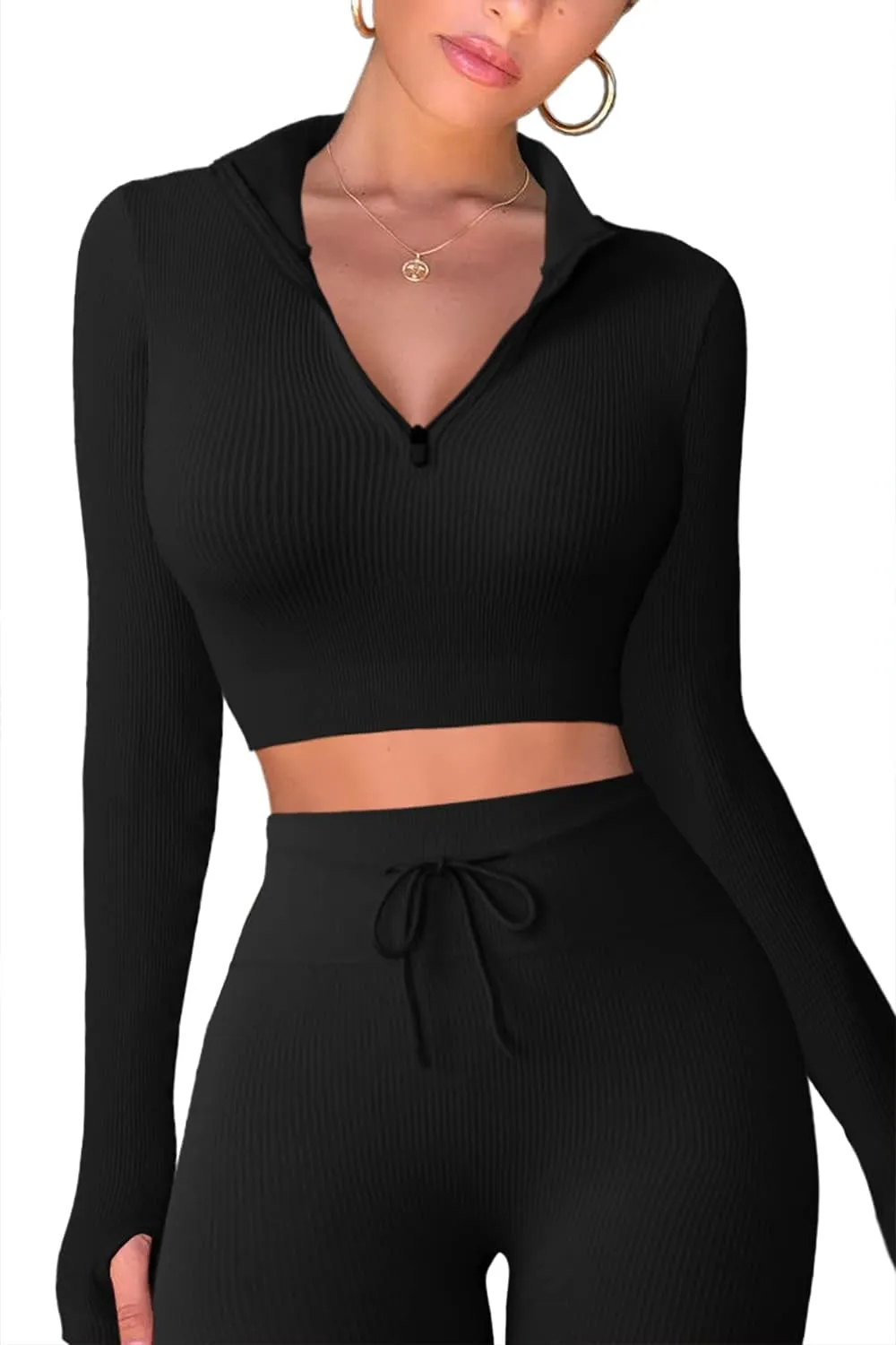 QINSEN Long Sleeve Workout Shirt for Women High Funnel Neck Crop Tops Tummy Control Leggings Fitted 2 Pieces Sets