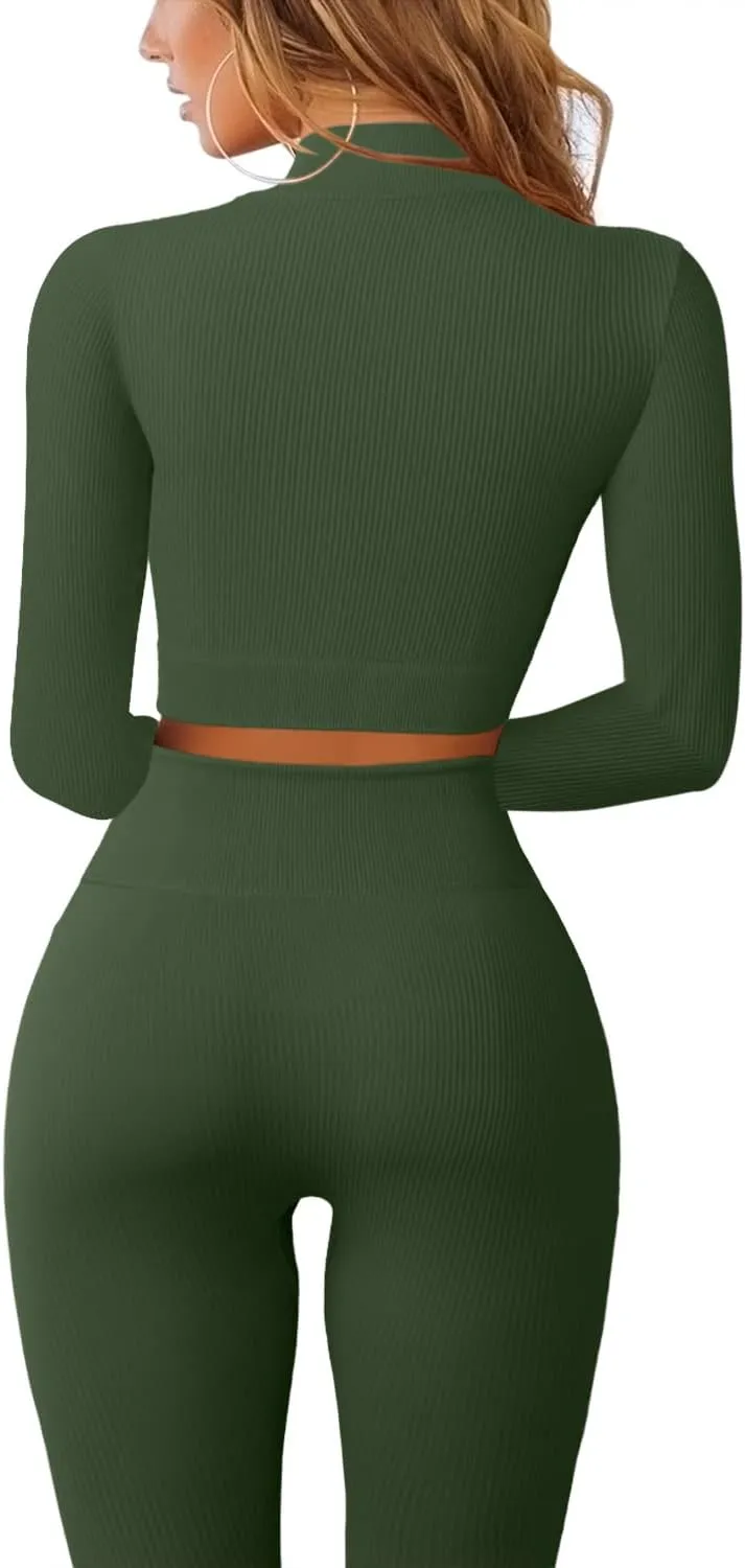 QINSEN Long Sleeve Workout Shirt for Women High Funnel Neck Crop Tops Tummy Control Leggings Fitted 2 Pieces Sets