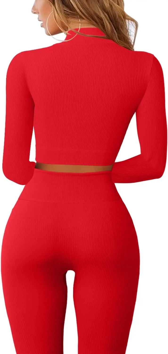 QINSEN Long Sleeve Workout Shirt for Women High Funnel Neck Crop Tops Tummy Control Leggings Fitted 2 Pieces Sets