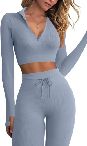 QINSEN Long Sleeve Workout Shirt for Women High Funnel Neck Crop Tops Tummy Control Leggings Fitted 2 Pieces Sets