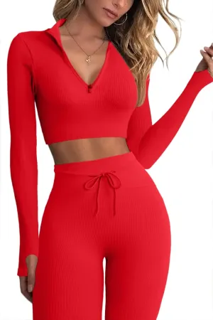 QINSEN Long Sleeve Workout Shirt for Women High Funnel Neck Crop Tops Tummy Control Leggings Fitted 2 Pieces Sets