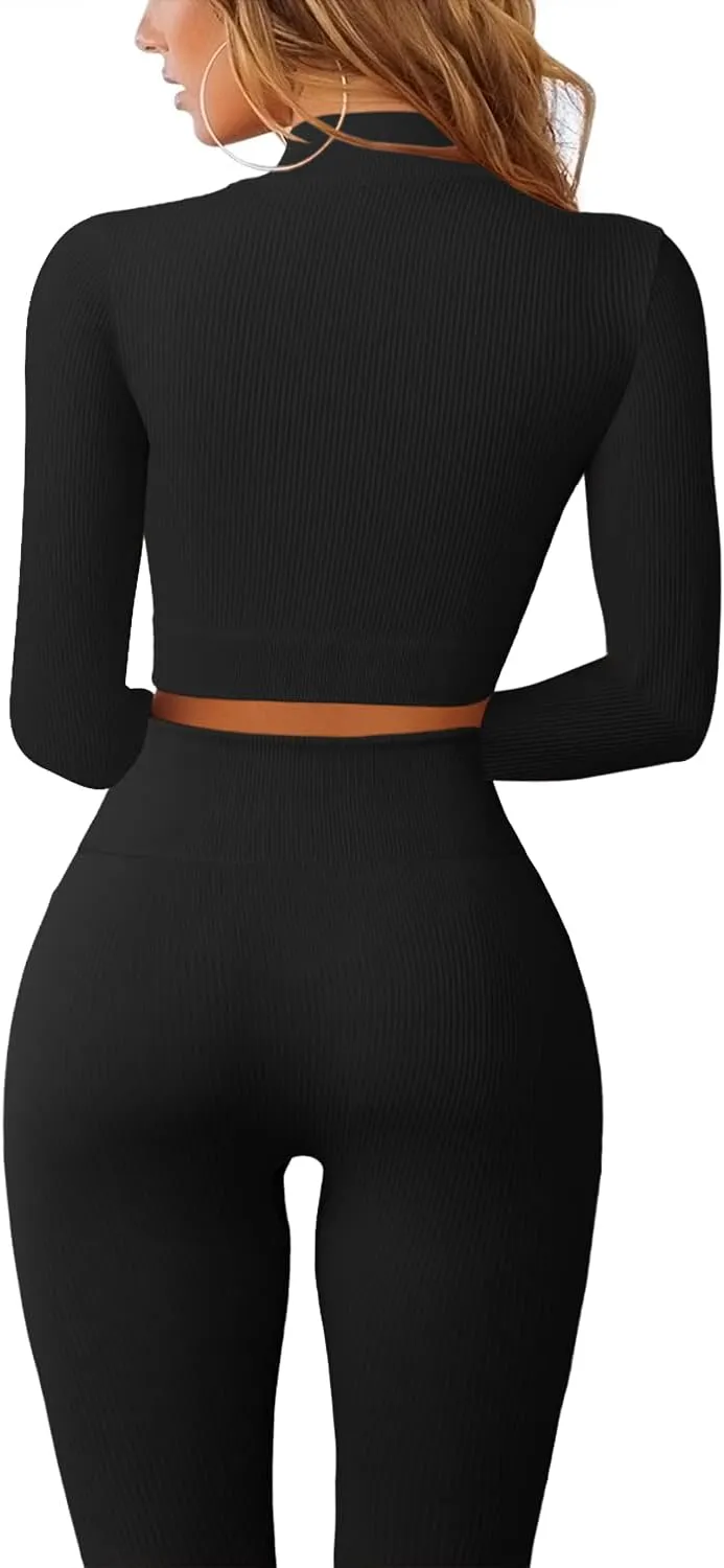 QINSEN Long Sleeve Workout Shirt for Women High Funnel Neck Crop Tops Tummy Control Leggings Fitted 2 Pieces Sets