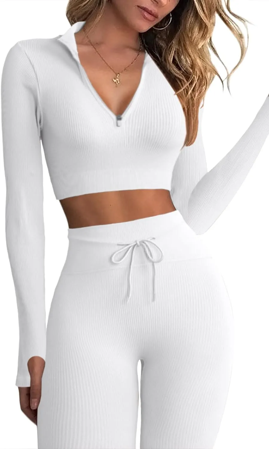 QINSEN Long Sleeve Workout Shirt for Women High Funnel Neck Crop Tops Tummy Control Leggings Fitted 2 Pieces Sets