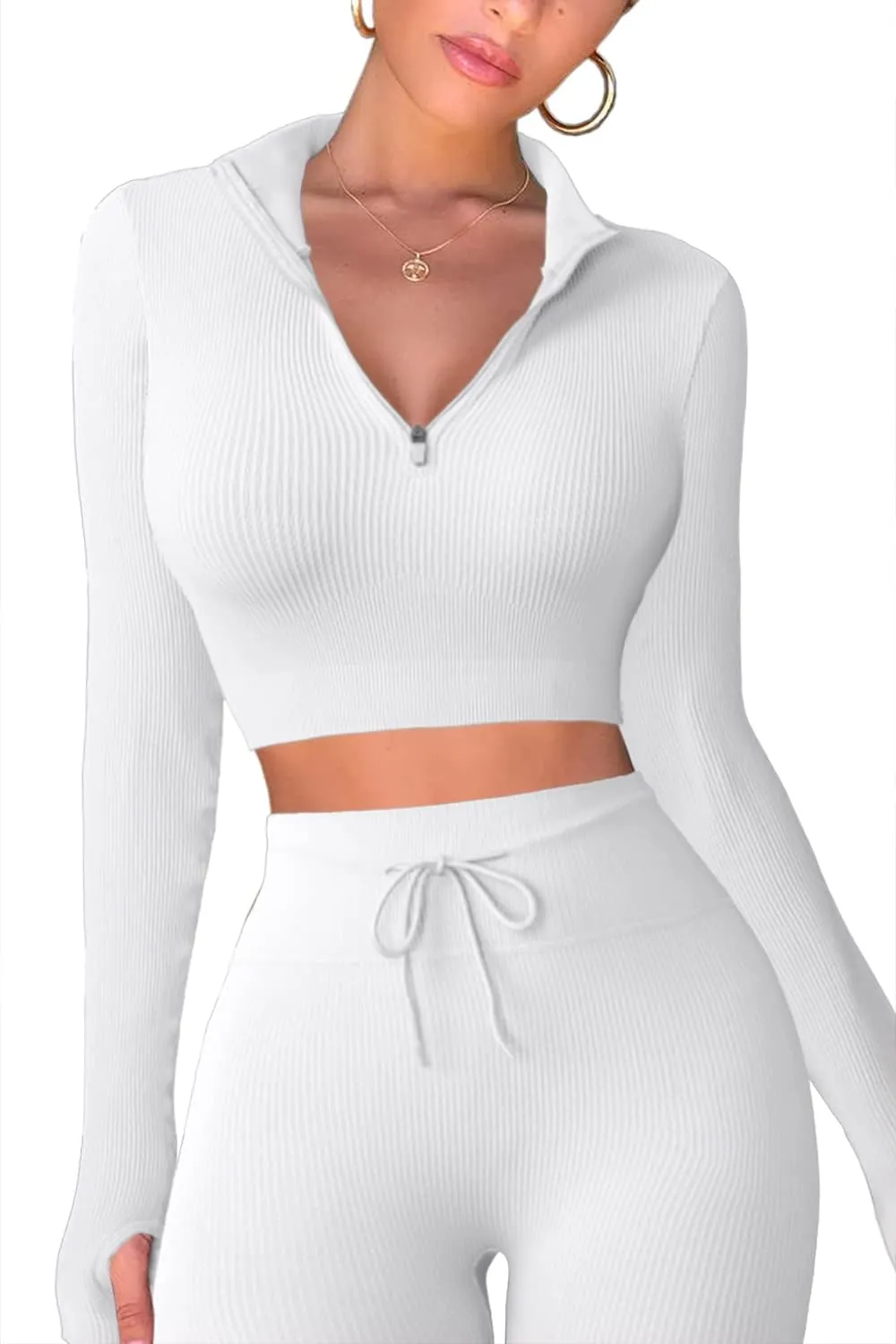 QINSEN Long Sleeve Workout Shirt for Women High Funnel Neck Crop Tops Tummy Control Leggings Fitted 2 Pieces Sets