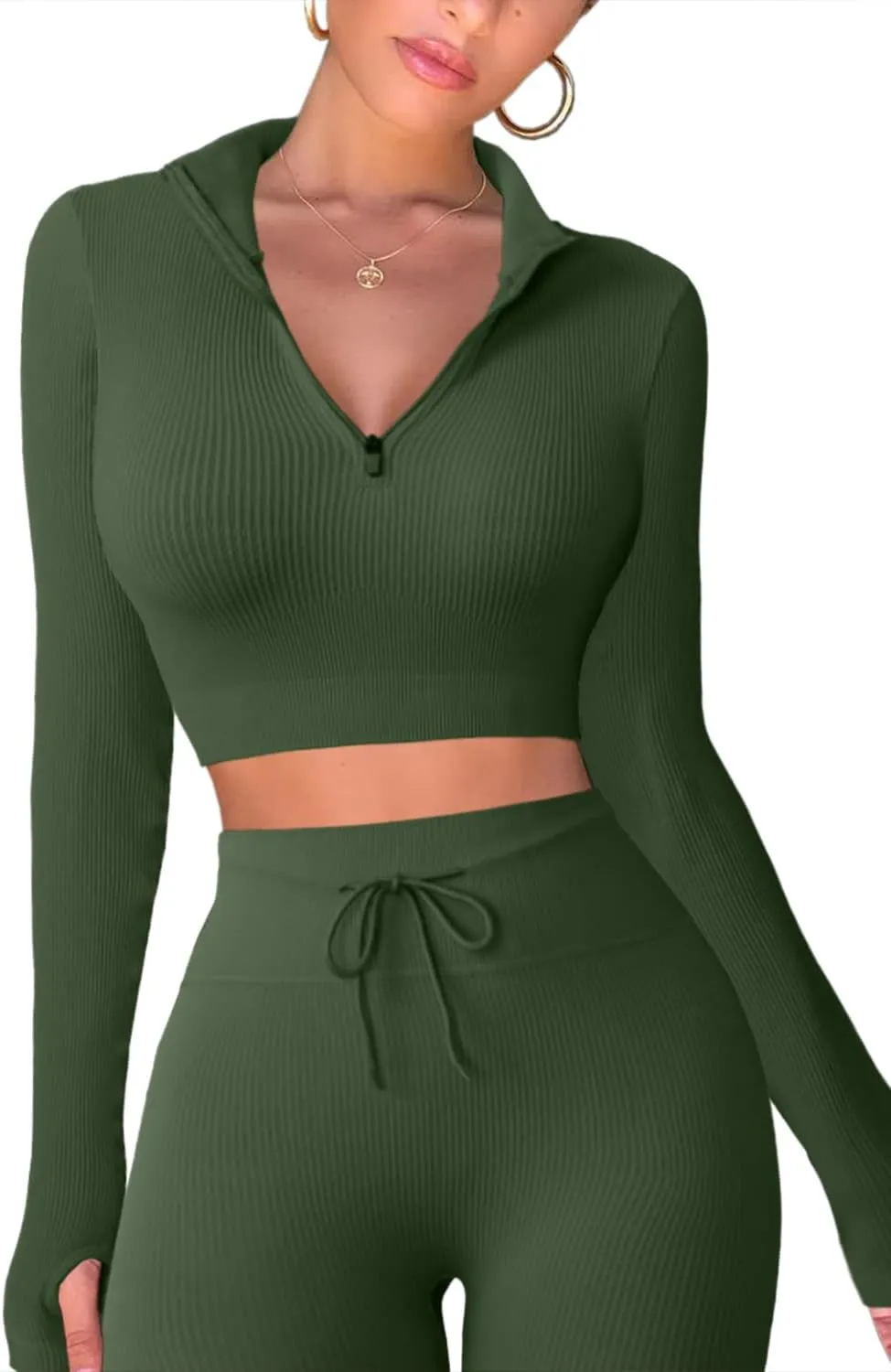 QINSEN Long Sleeve Workout Shirt for Women High Funnel Neck Crop Tops Tummy Control Leggings Fitted 2 Pieces Sets