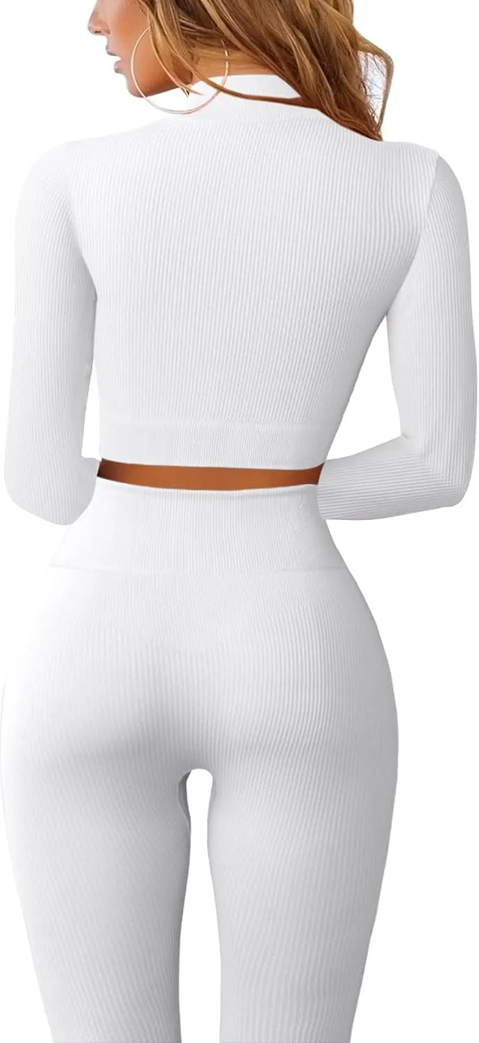 QINSEN Long Sleeve Workout Shirt for Women High Funnel Neck Crop Tops Tummy Control Leggings Fitted 2 Pieces Sets
