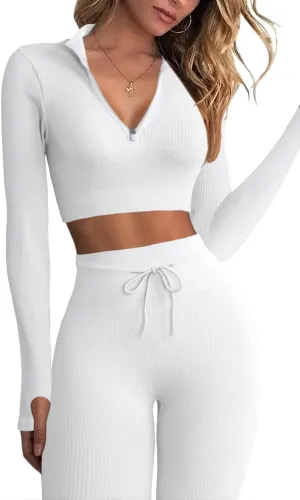 QINSEN Long Sleeve Workout Shirt for Women High Funnel Neck Crop Tops Tummy Control Leggings Fitted 2 Pieces Sets