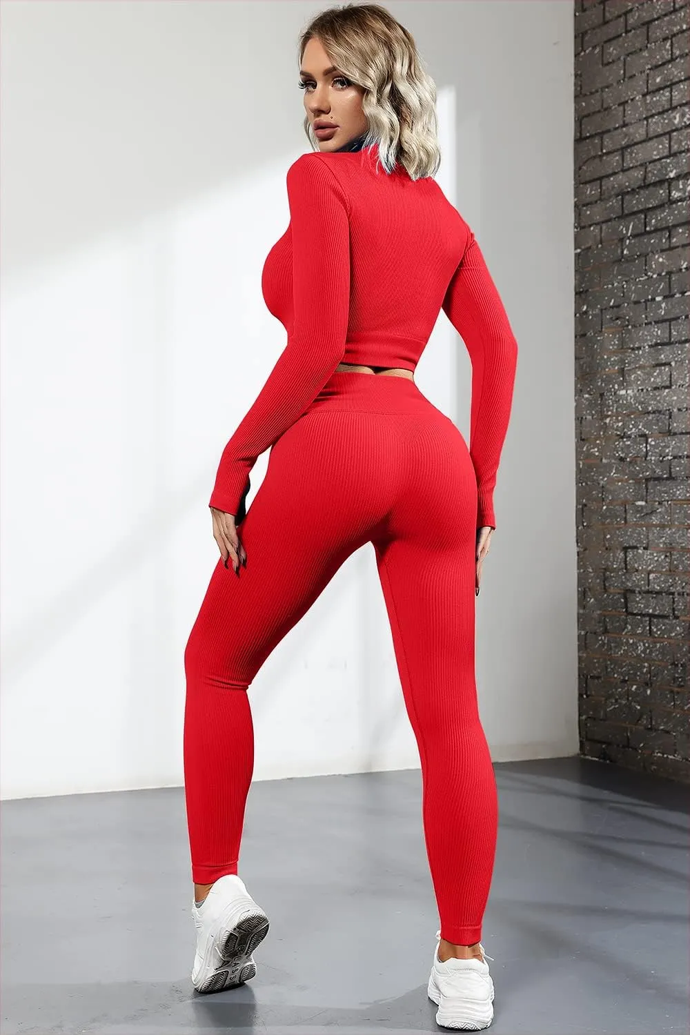 QINSEN Long Sleeve Workout Shirt for Women High Funnel Neck Crop Tops Tummy Control Leggings Fitted 2 Pieces Sets