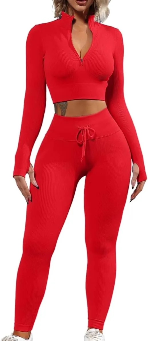 QINSEN Long Sleeve Workout Shirt for Women High Funnel Neck Crop Tops Tummy Control Leggings Fitted 2 Pieces Sets