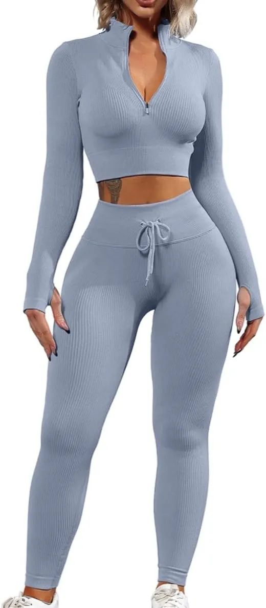 QINSEN Long Sleeve Workout Shirt for Women High Funnel Neck Crop Tops Tummy Control Leggings Fitted 2 Pieces Sets