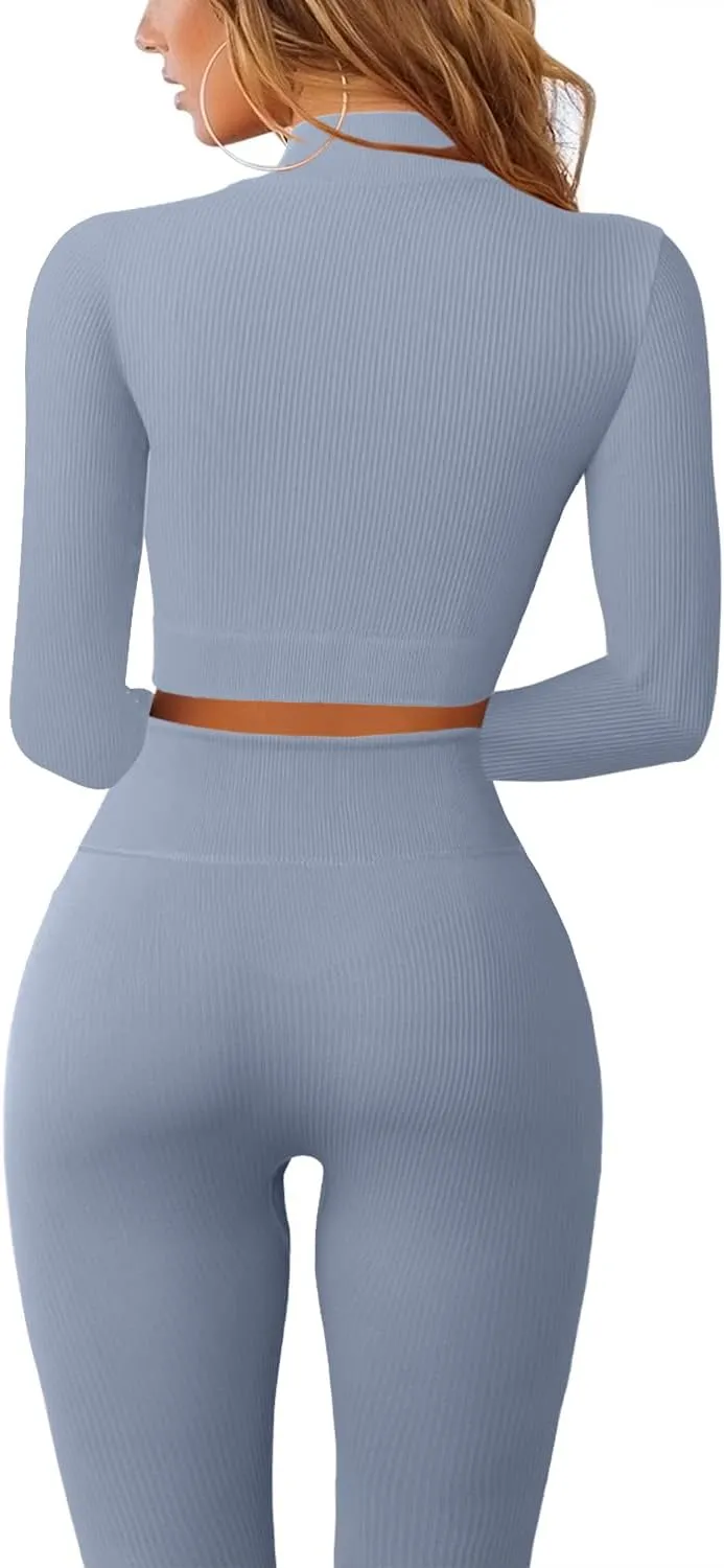 QINSEN Long Sleeve Workout Shirt for Women High Funnel Neck Crop Tops Tummy Control Leggings Fitted 2 Pieces Sets