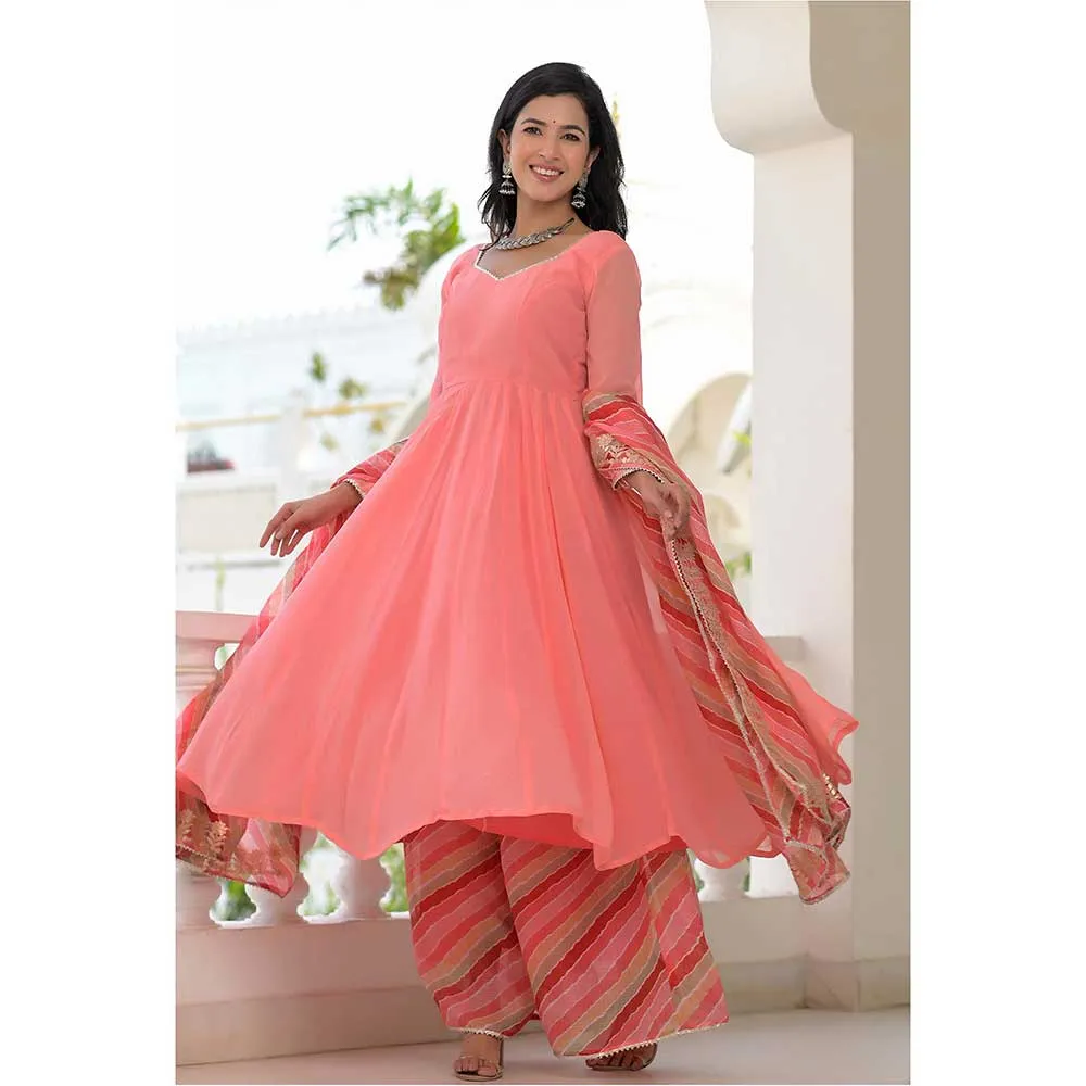 Rangpur Peach Anarkali Palazzo Dupatta - Set of 3