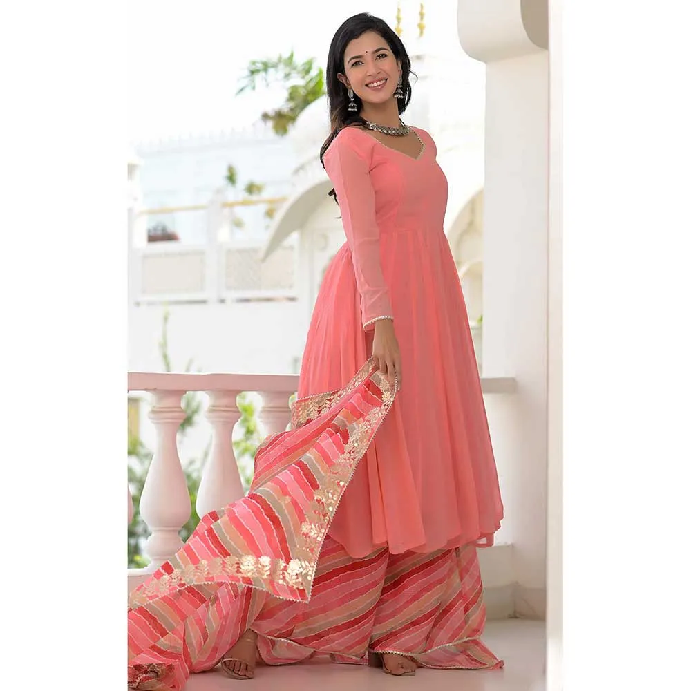 Rangpur Peach Anarkali Palazzo Dupatta - Set of 3