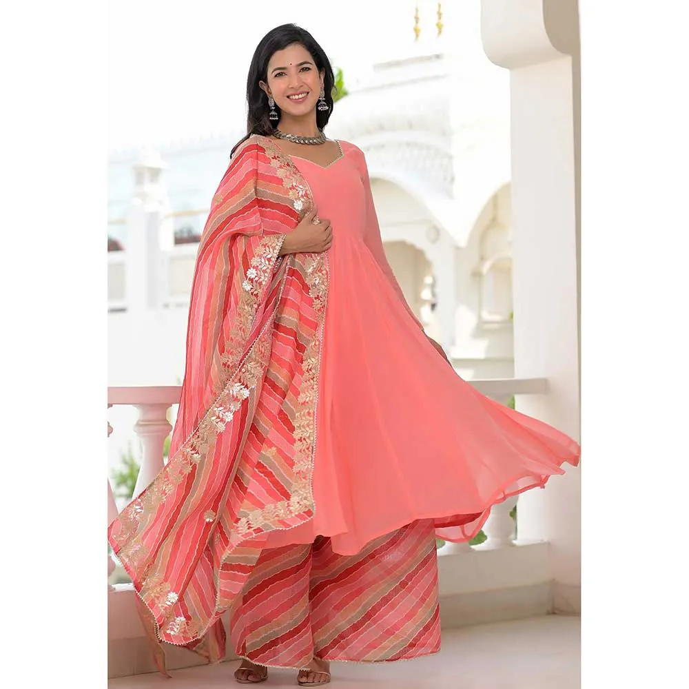 Rangpur Peach Anarkali Palazzo Dupatta - Set of 3