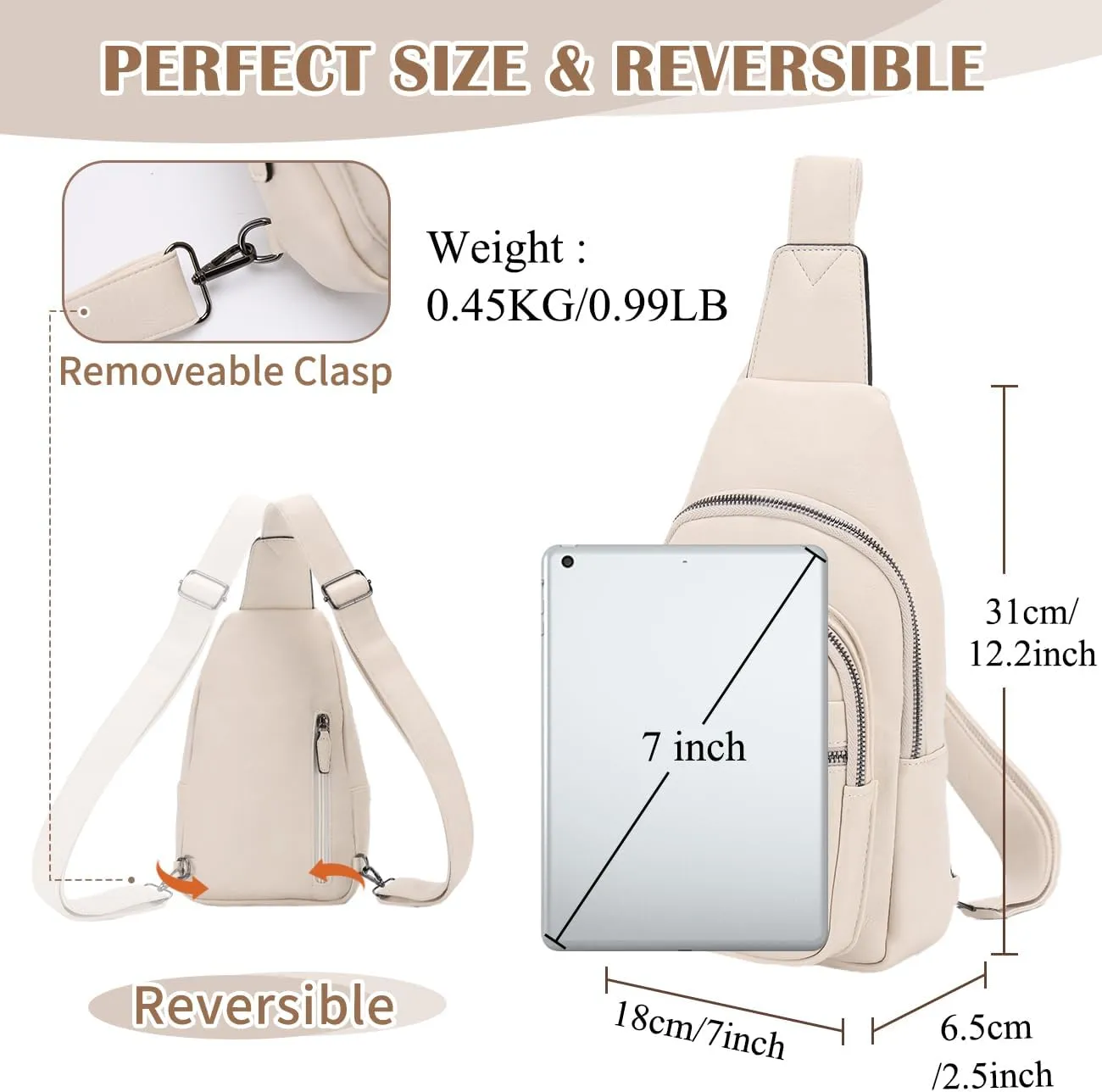 RAVUO Sling Bag, PU Leather Crossbody Backpack for Women Men Casual Hiking Daypack Multipurpose Chest Bag for Work College Beige