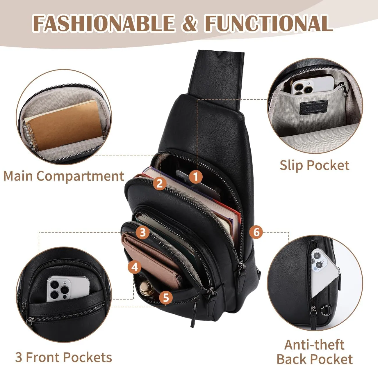 RAVUO Sling Bag, PU Leather Crossbody Backpack for Women Men Casual Hiking Daypack Multipurpose Chest Bag for Work College Black