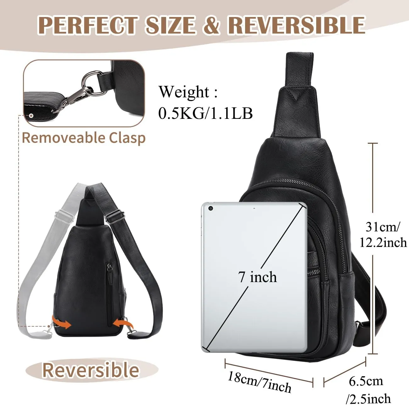 RAVUO Sling Bag, PU Leather Crossbody Backpack for Women Men Casual Hiking Daypack Multipurpose Chest Bag for Work College Black