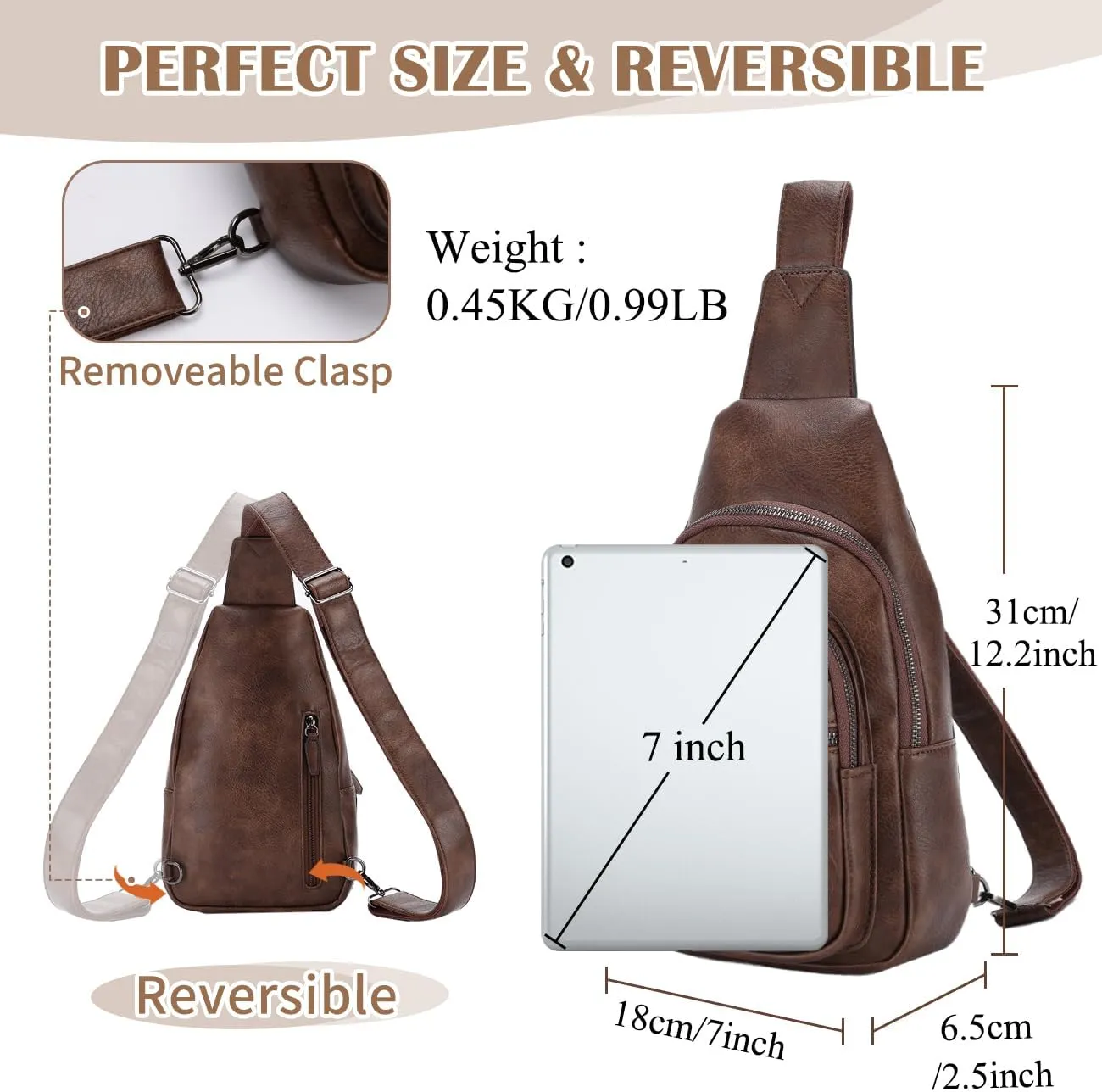 RAVUO Sling Bag, PU Leather Crossbody Backpack for Women Men Casual Hiking Daypack Multipurpose Chest Bag for Work College Coffee