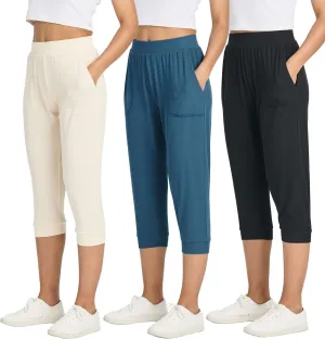 Real Essentials 3 Pack: Women's Ribbed Capri Jogger Lounge Sweatpants with Pockets Yoga Workout (Available in Plus Size)