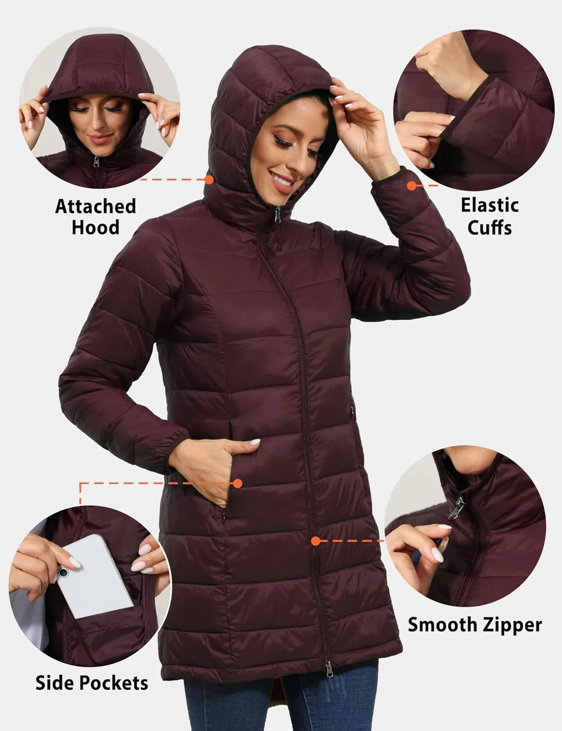ROYAL MATRIX Women's Packable Puffer Jacket with Hood, Lightweight Long Quilted Puffer Coat with Pockets
