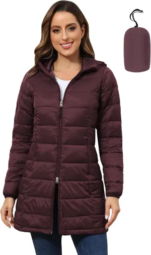 ROYAL MATRIX Women's Packable Puffer Jacket with Hood, Lightweight Long Quilted Puffer Coat with Pockets