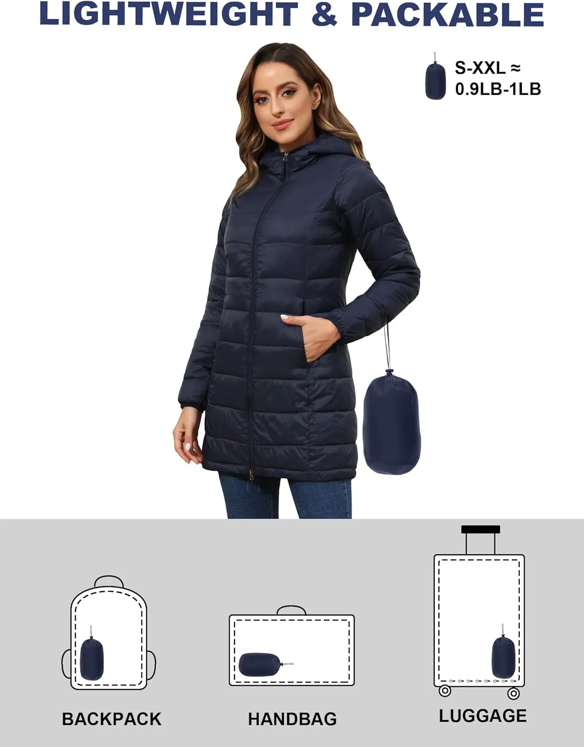 ROYAL MATRIX Women's Packable Puffer Jacket with Hood, Lightweight Long Quilted Puffer Coat with Pockets
