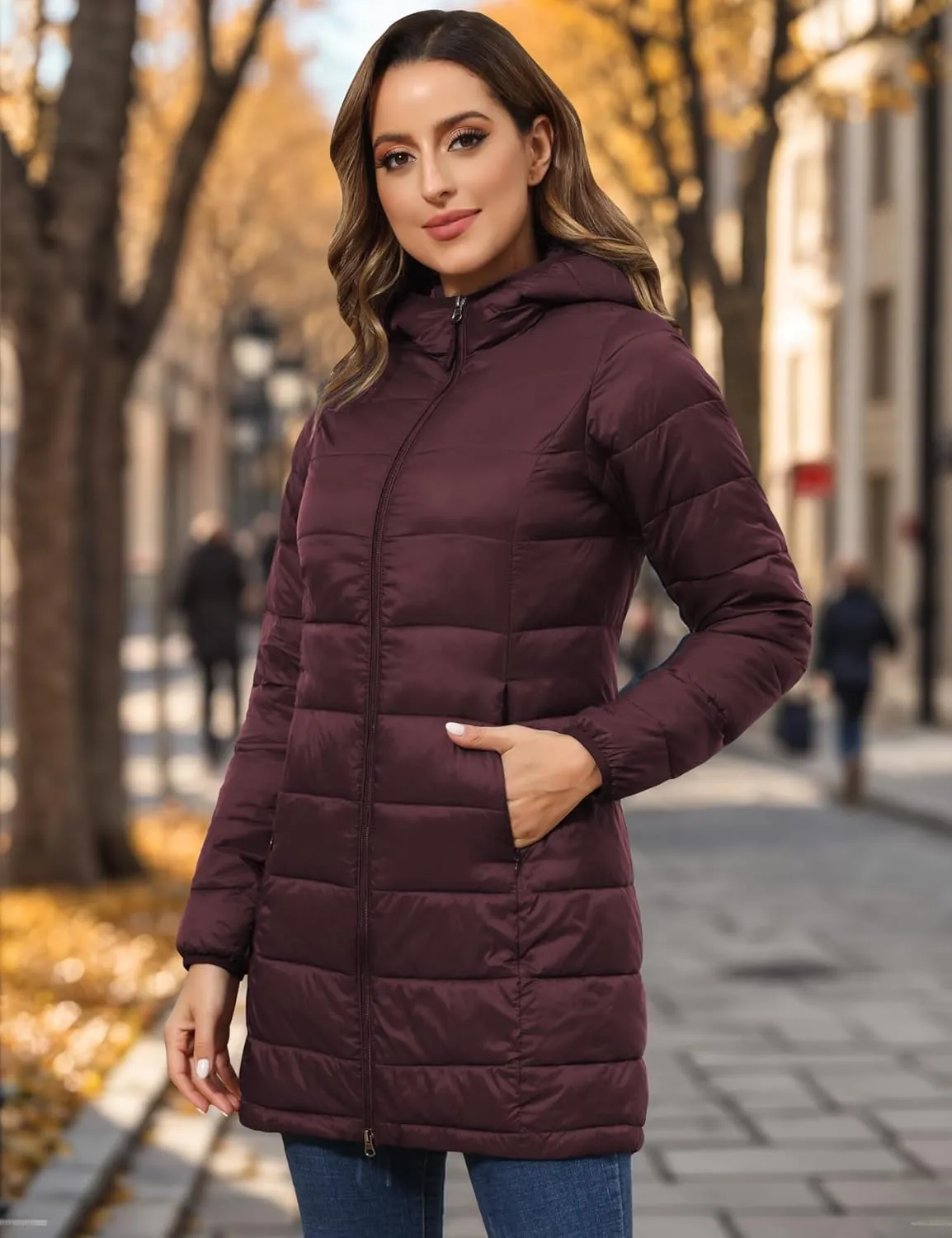 ROYAL MATRIX Women's Packable Puffer Jacket with Hood, Lightweight Long Quilted Puffer Coat with Pockets