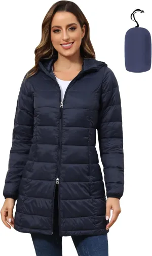 ROYAL MATRIX Women's Packable Puffer Jacket with Hood, Lightweight Long Quilted Puffer Coat with Pockets