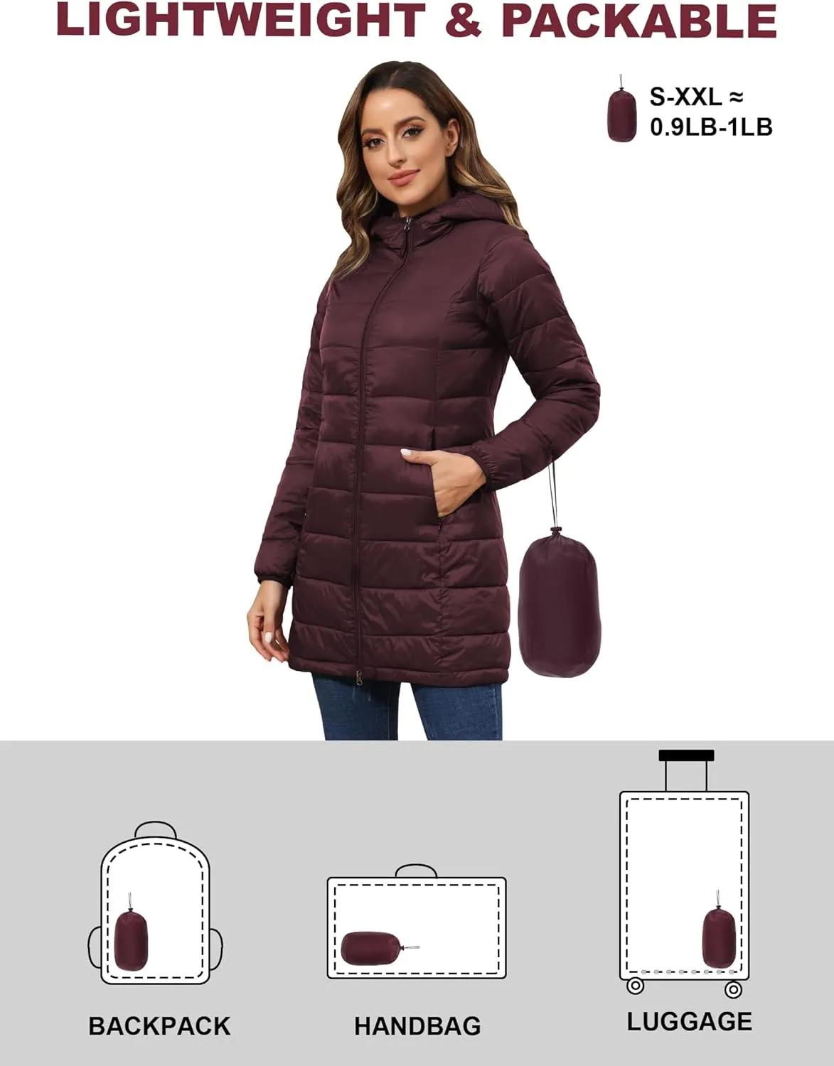 ROYAL MATRIX Women's Packable Puffer Jacket with Hood, Lightweight Long Quilted Puffer Coat with Pockets