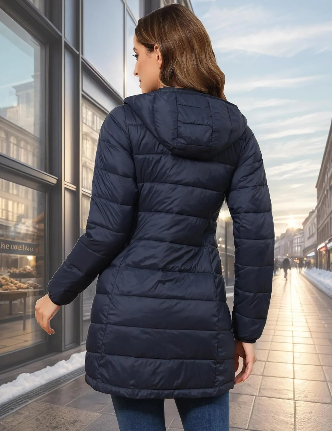 ROYAL MATRIX Women's Packable Puffer Jacket with Hood, Lightweight Long Quilted Puffer Coat with Pockets