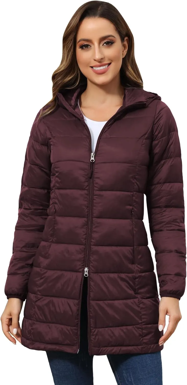 ROYAL MATRIX Women's Packable Puffer Jacket with Hood, Lightweight Long Quilted Puffer Coat with Pockets