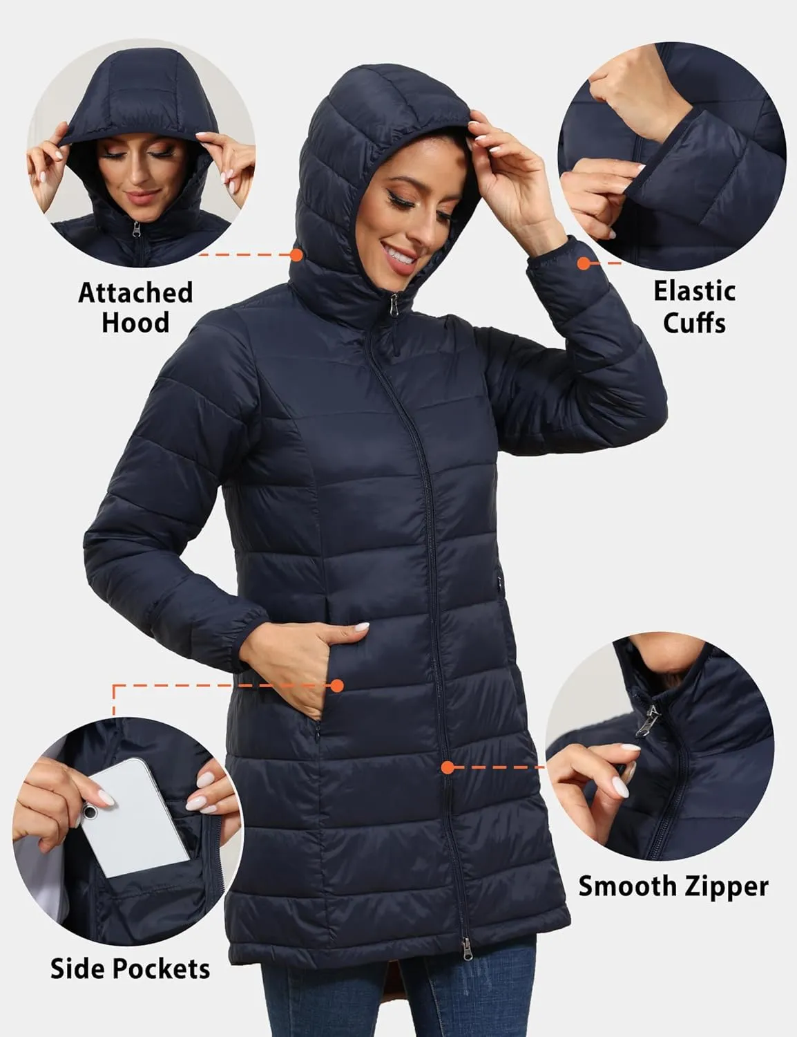 ROYAL MATRIX Women's Packable Puffer Jacket with Hood, Lightweight Long Quilted Puffer Coat with Pockets