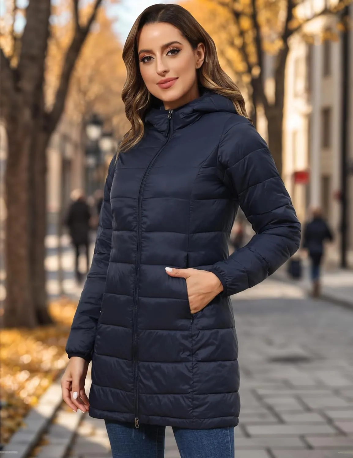ROYAL MATRIX Women's Packable Puffer Jacket with Hood, Lightweight Long Quilted Puffer Coat with Pockets